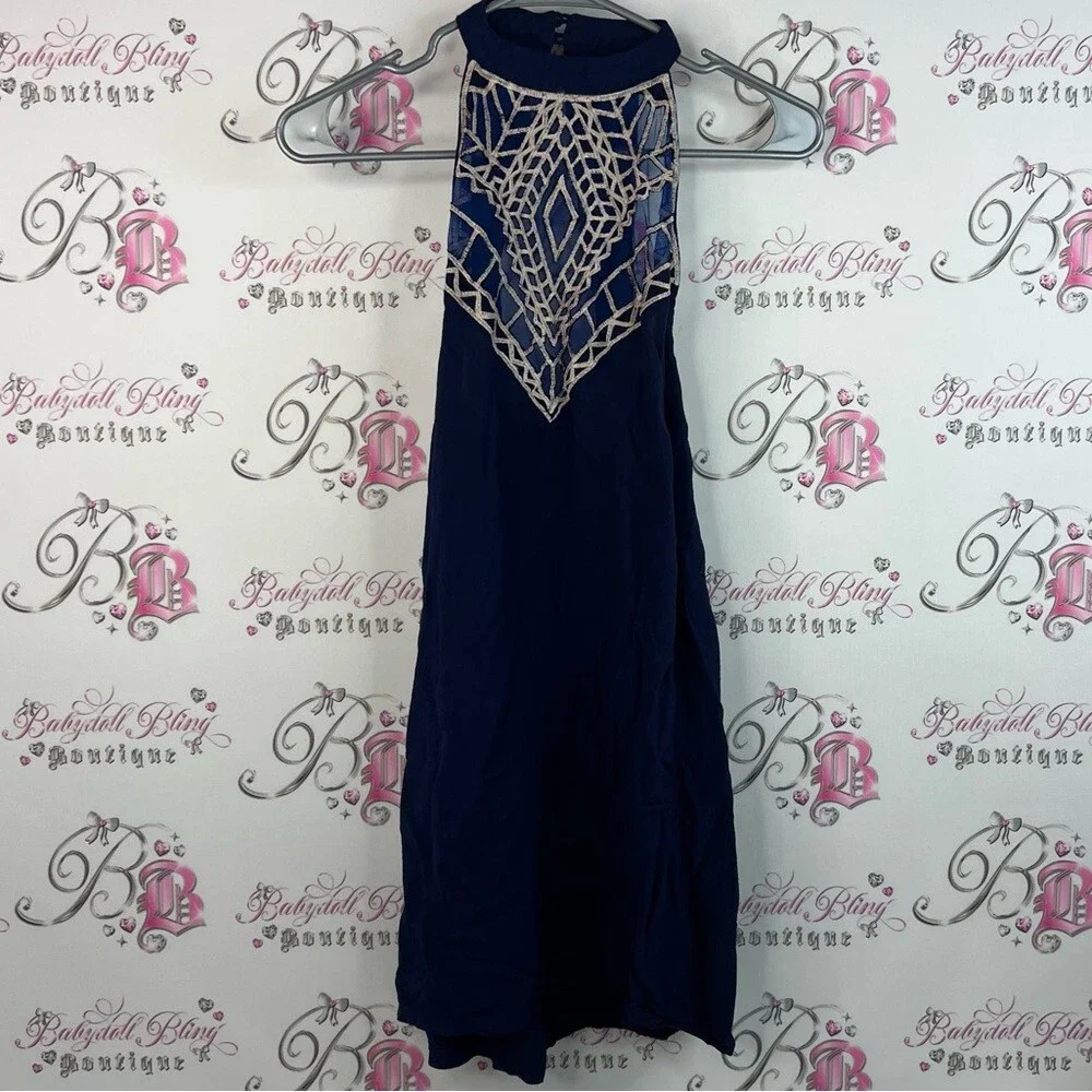 Free People tallow dress mock neck open back Navy and Beige Backless Dress - Picture 1 of 12